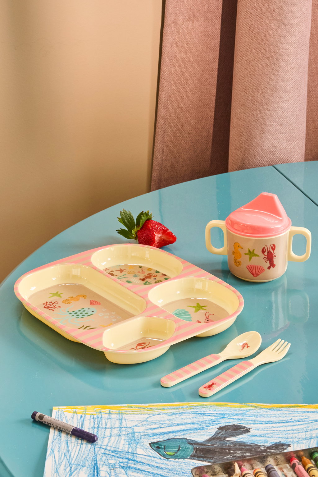 Kinder Melaminteller 4 Abteile Ocean Print coral